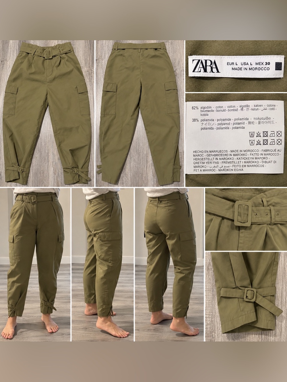 Zara Olive Green Belted Cargo Pants High Rise Buckle Ankle Size L